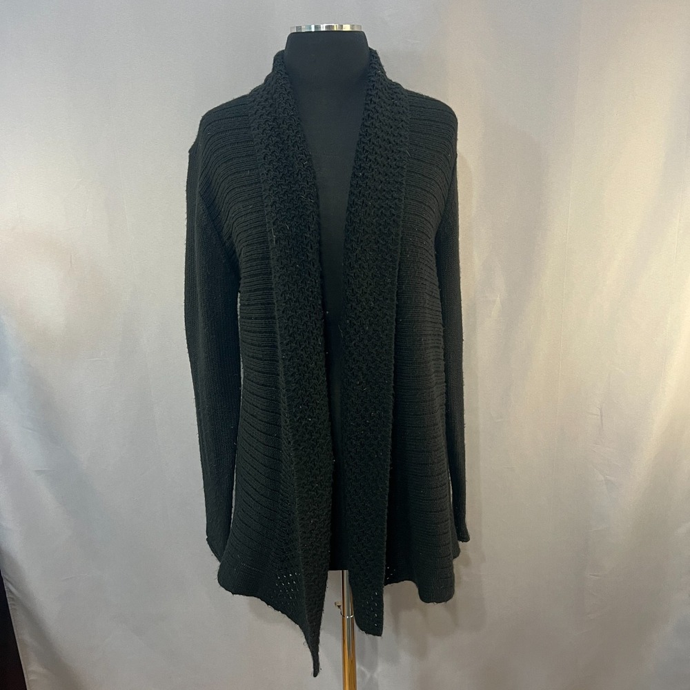 Keren Hart Cardigan Sweater Women Medium Black Cozy Knit Shawl Collar Open Front